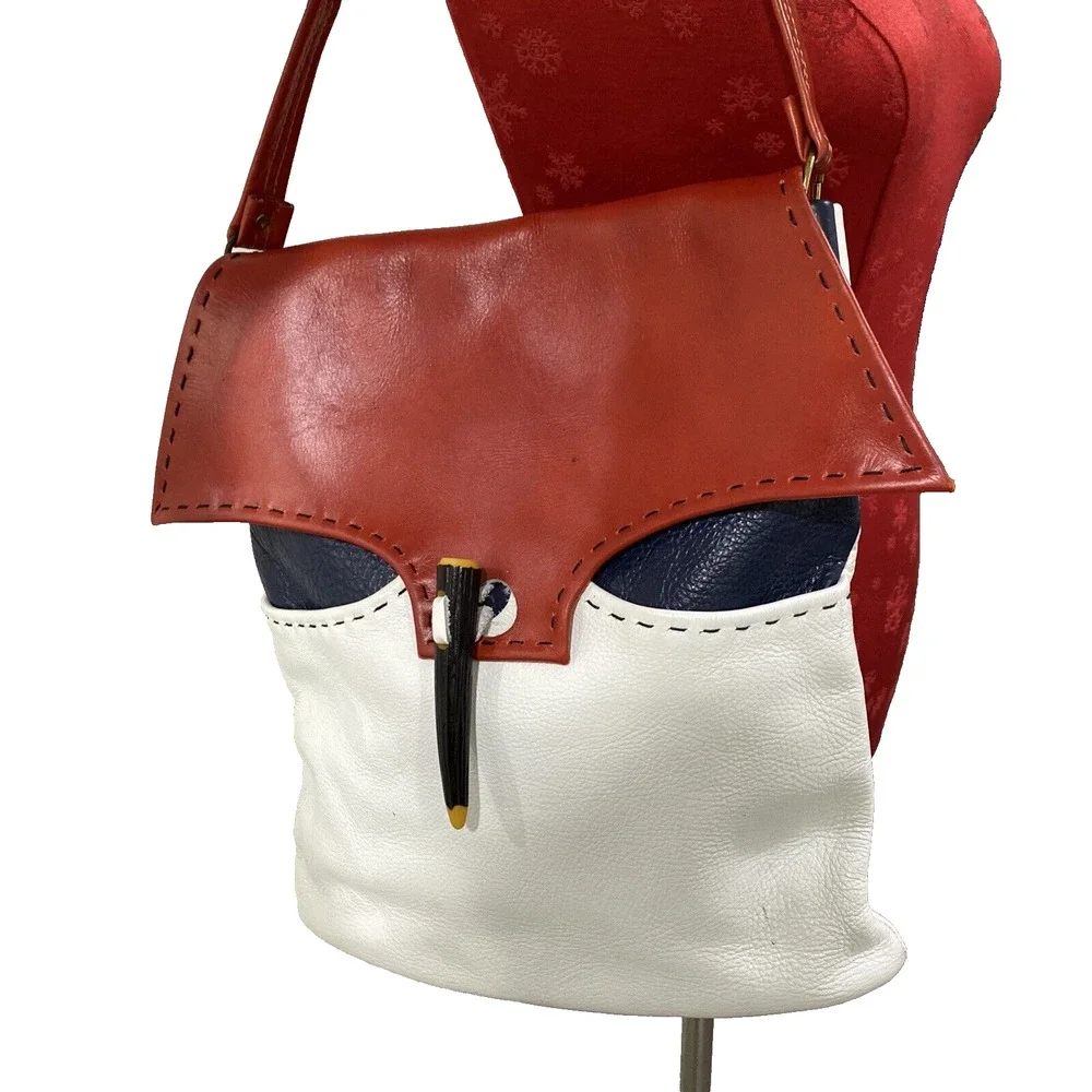 Vintage GUILD Red White & Blue Leather Purse Shoulder Bag 70s Top Stitch Fashion